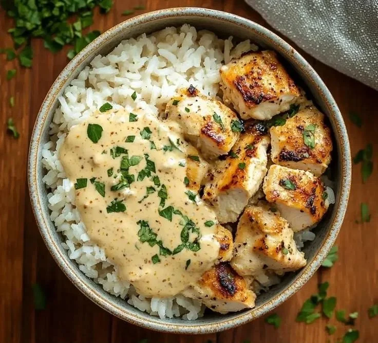 Creamy garlic chicken served in a bowl with rice and fresh herbs
