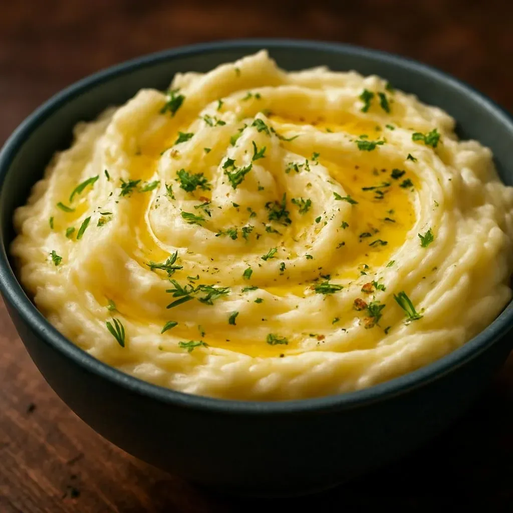 Bowl of creamy mashed potatoes with butter and herbs garnishing