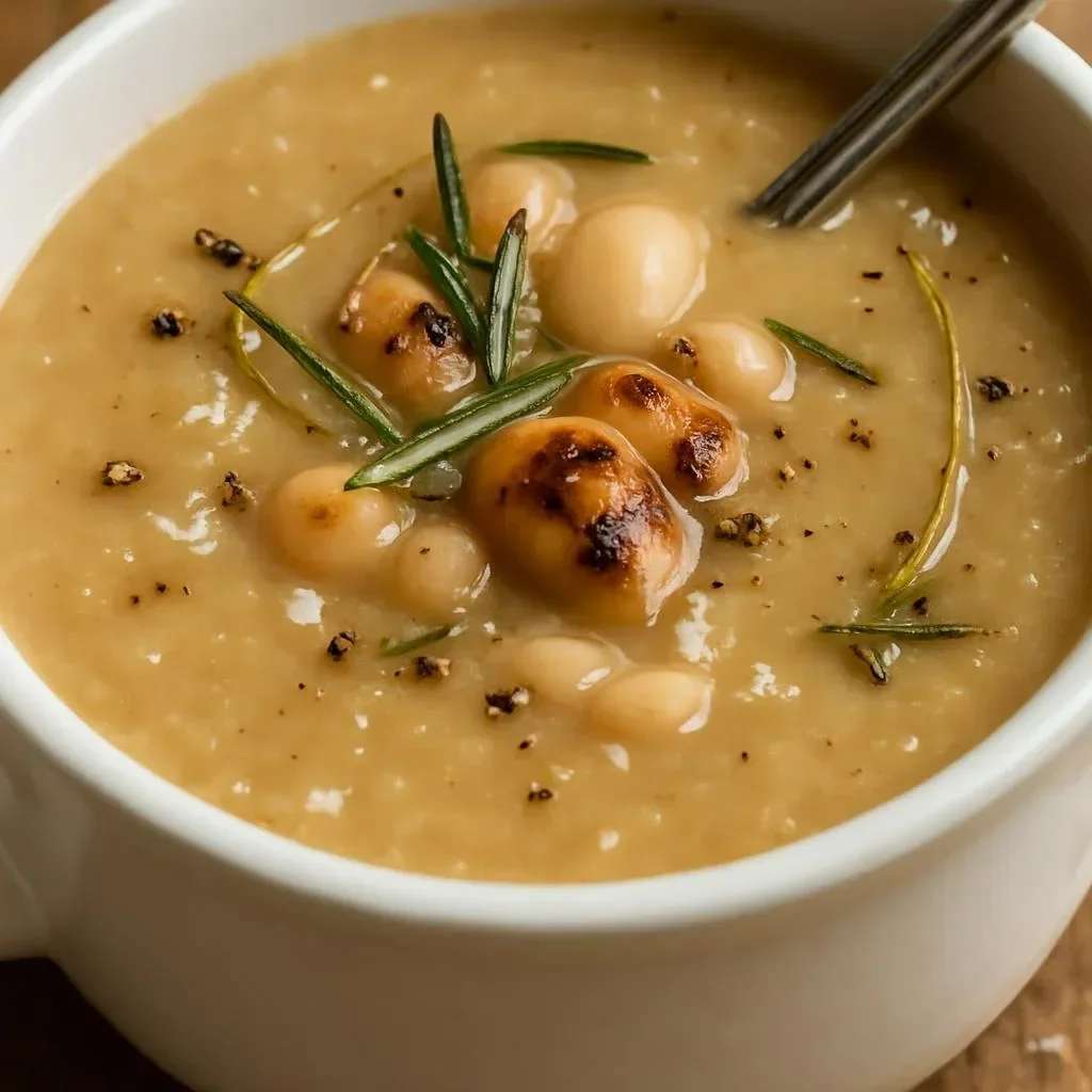 Bowl of creamy rosemary roasted garlic bean soup garnished with herbs