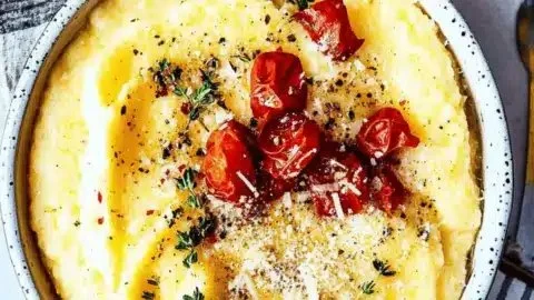 Creamy slow cooker polenta with Parmesan served in a bowl