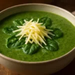 A bowl of creamy spinach soup topped with Gruyere cheese, garnished with fresh herbs