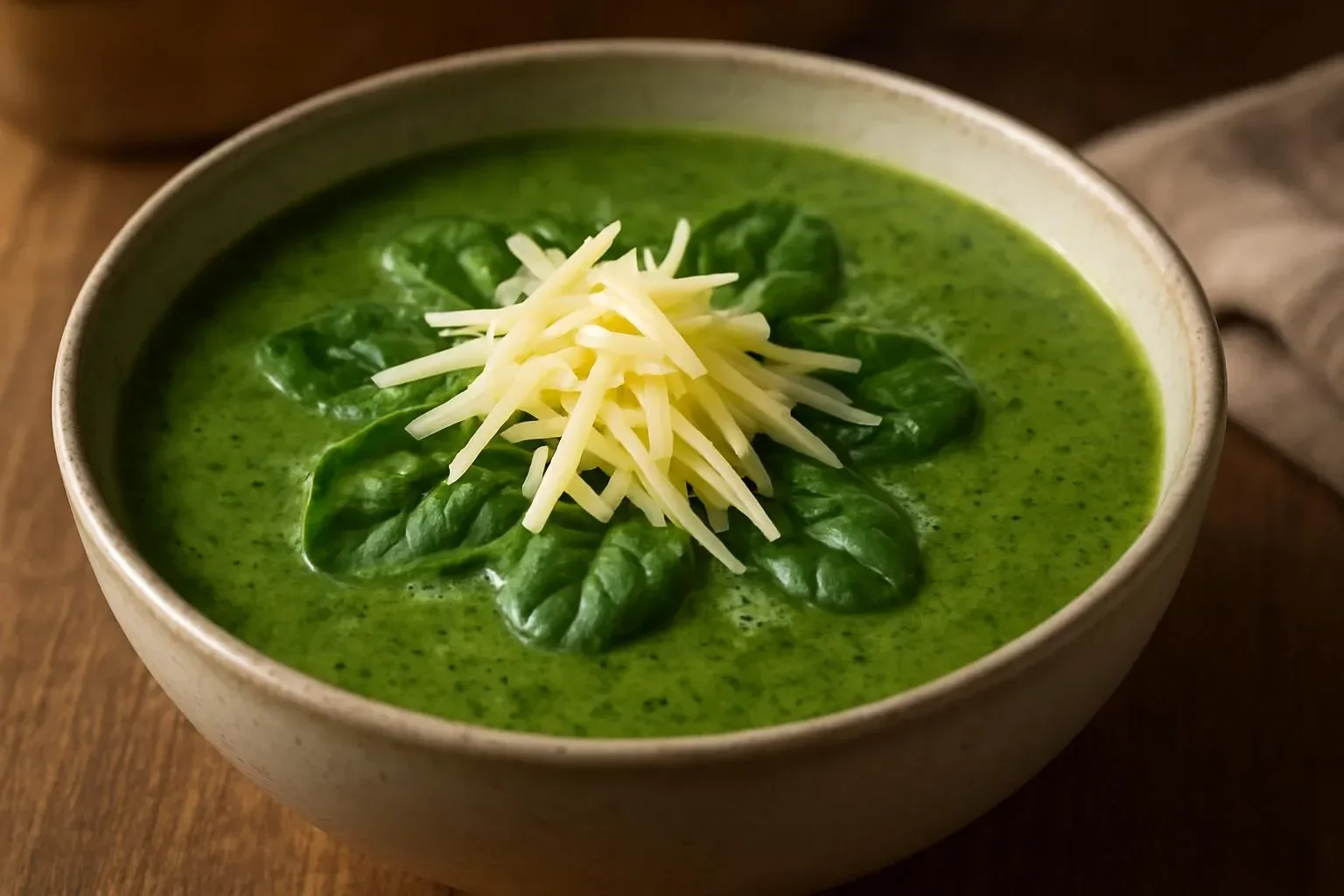 A bowl of creamy spinach soup topped with Gruyere cheese, garnished with fresh herbs