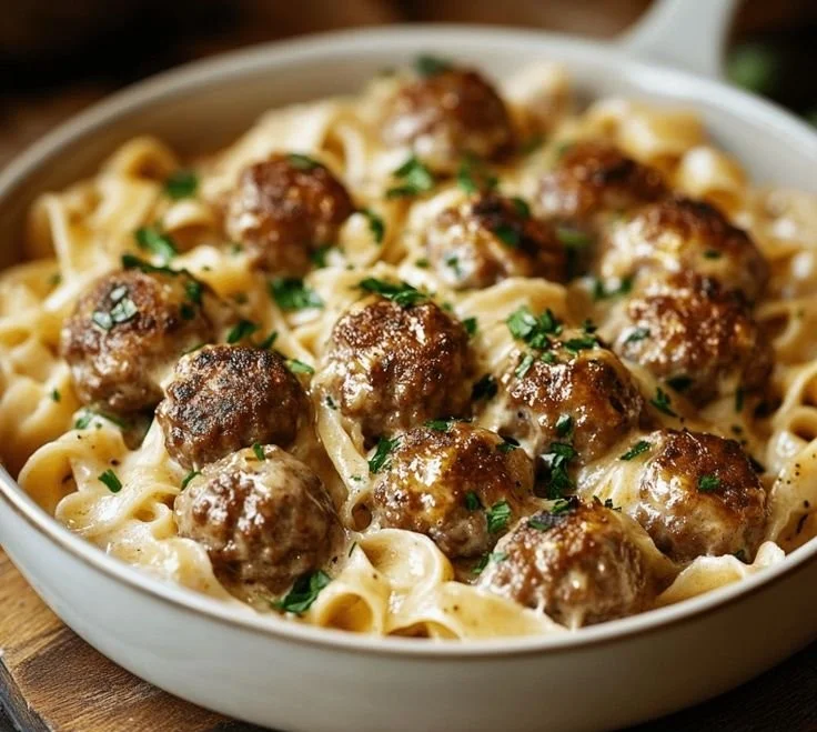 Creamy Swedish meatball noodle bake topped with parsley and cheese