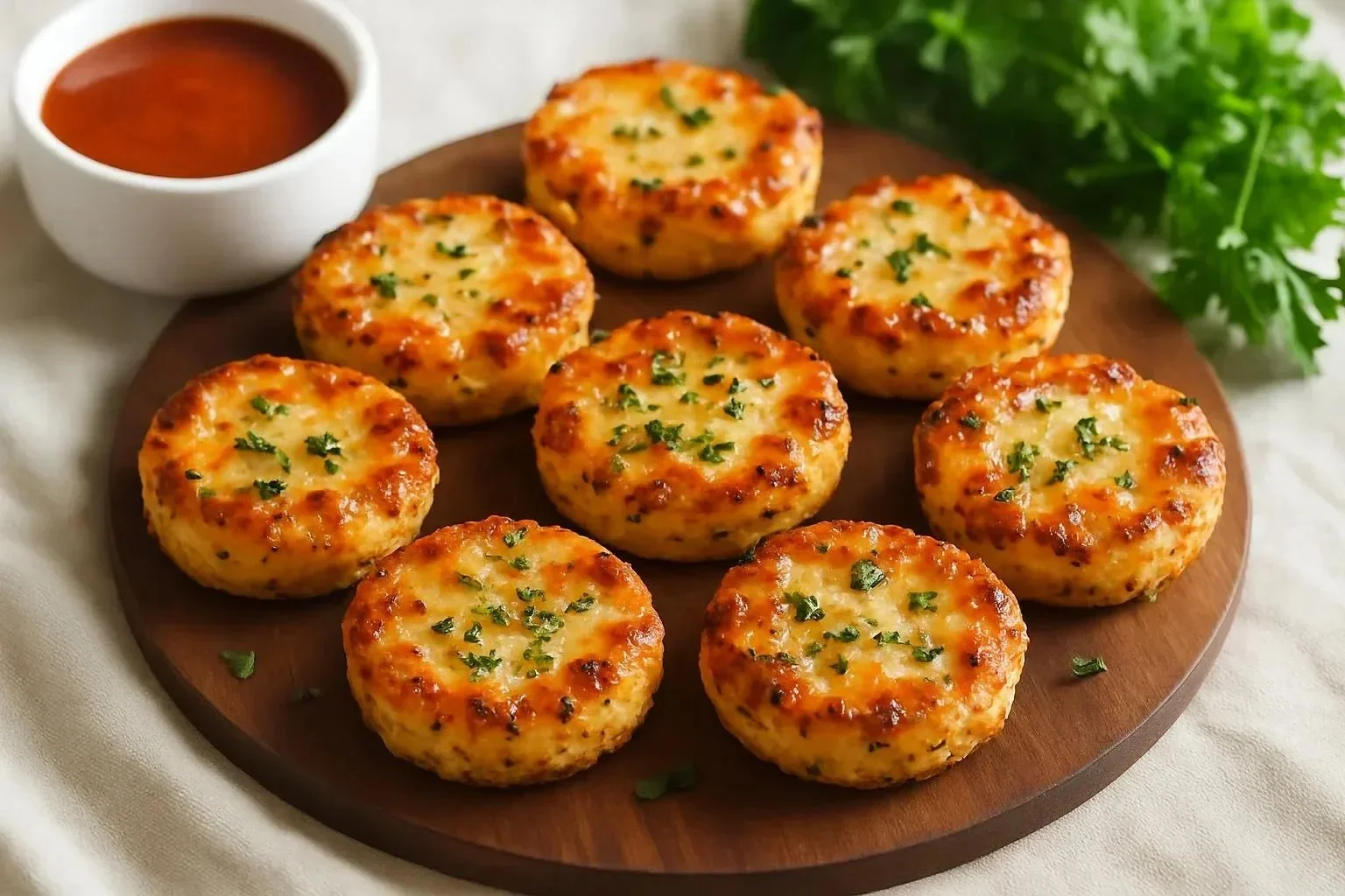 Plate of crispy cauliflower pizza bites ready to be enjoyed as a snack.