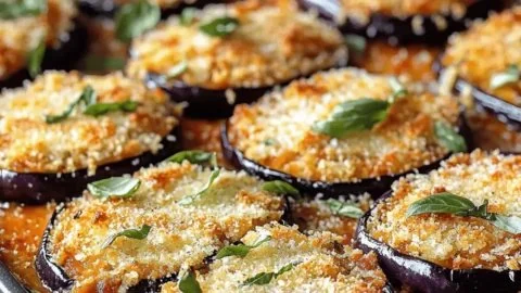 Crispy baked eggplant parmesan served with marinara sauce and fresh basil