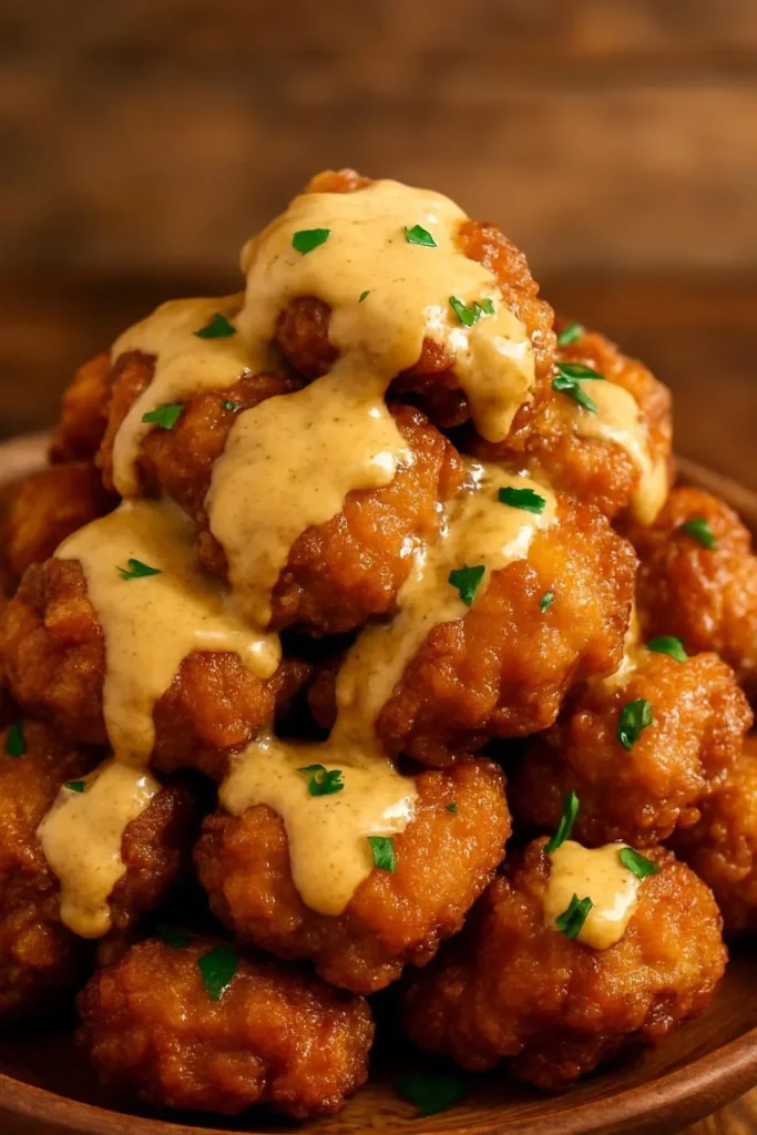 Delicious crispy Bang Bang Chicken served with a spicy sauce.