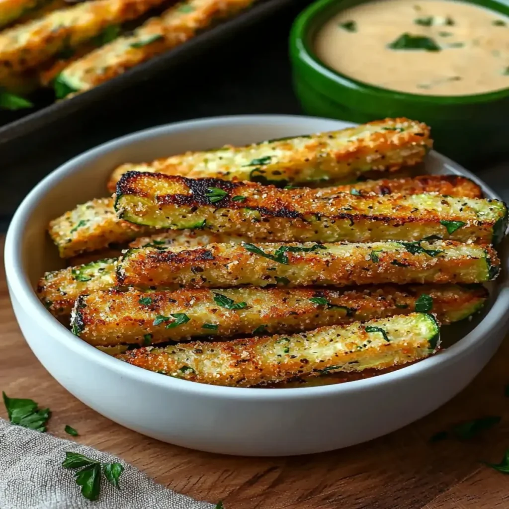 Crispy air fryer zucchini fries served in a bowl