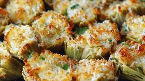 Crispy Parmesan Artichoke Hearts served on a plate with garnishes