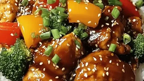 Crock-Pot Teriyaki Chicken and Rice served on a plate with vegetables