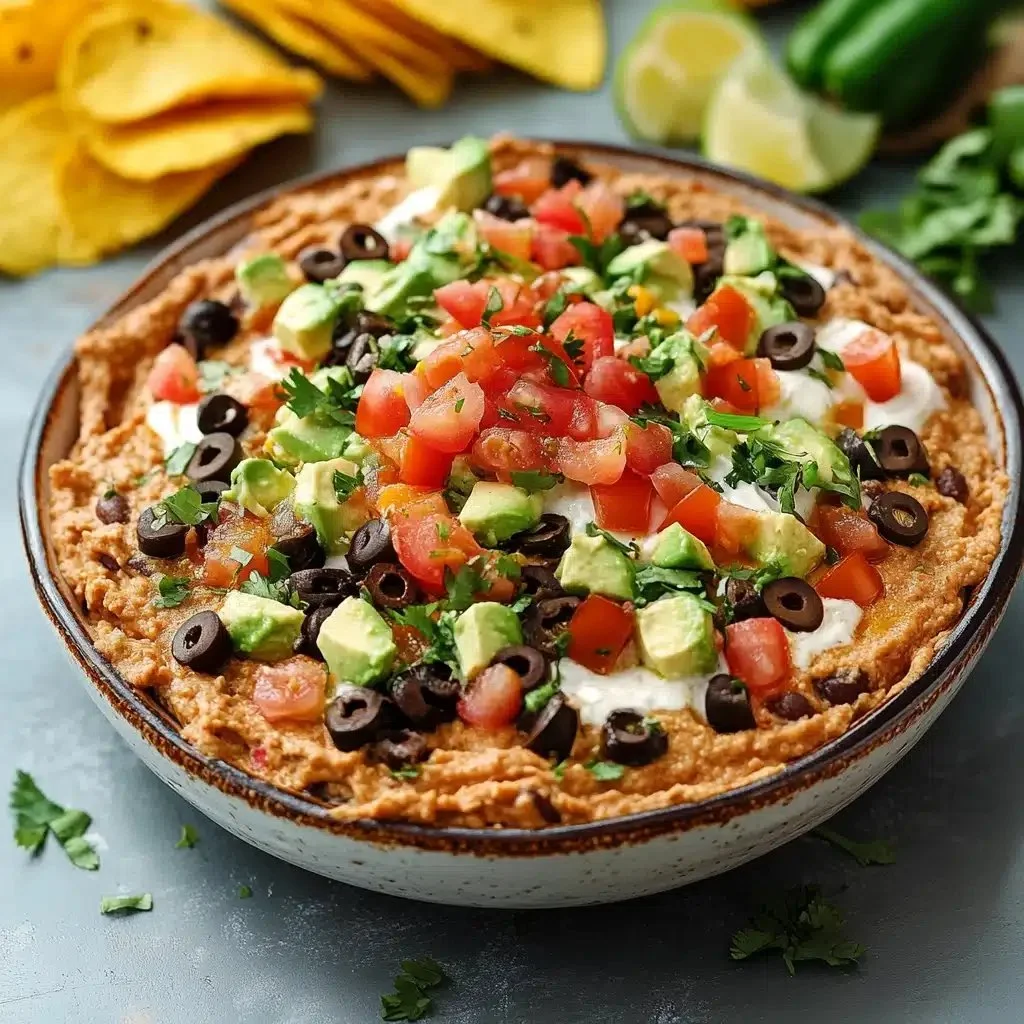 Delicious Dairy Free Taco Dip served with fresh vegetables and tortilla chips.