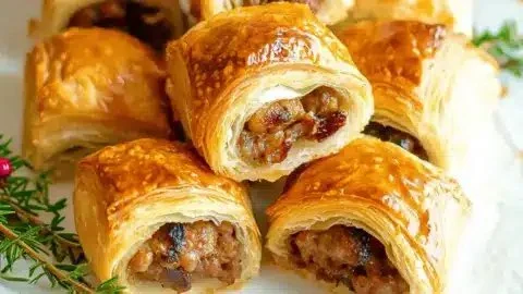 Freshly baked Christmas sausage rolls on a festive platter