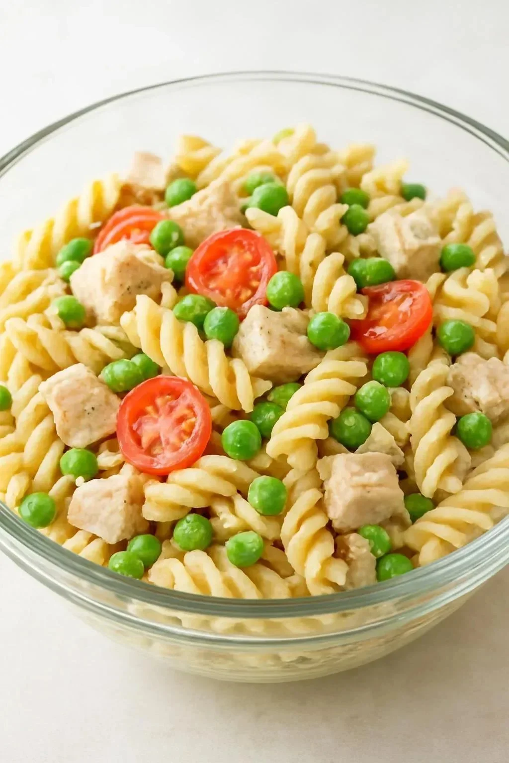 Healthy tuna pasta salad with peas served in a bowl