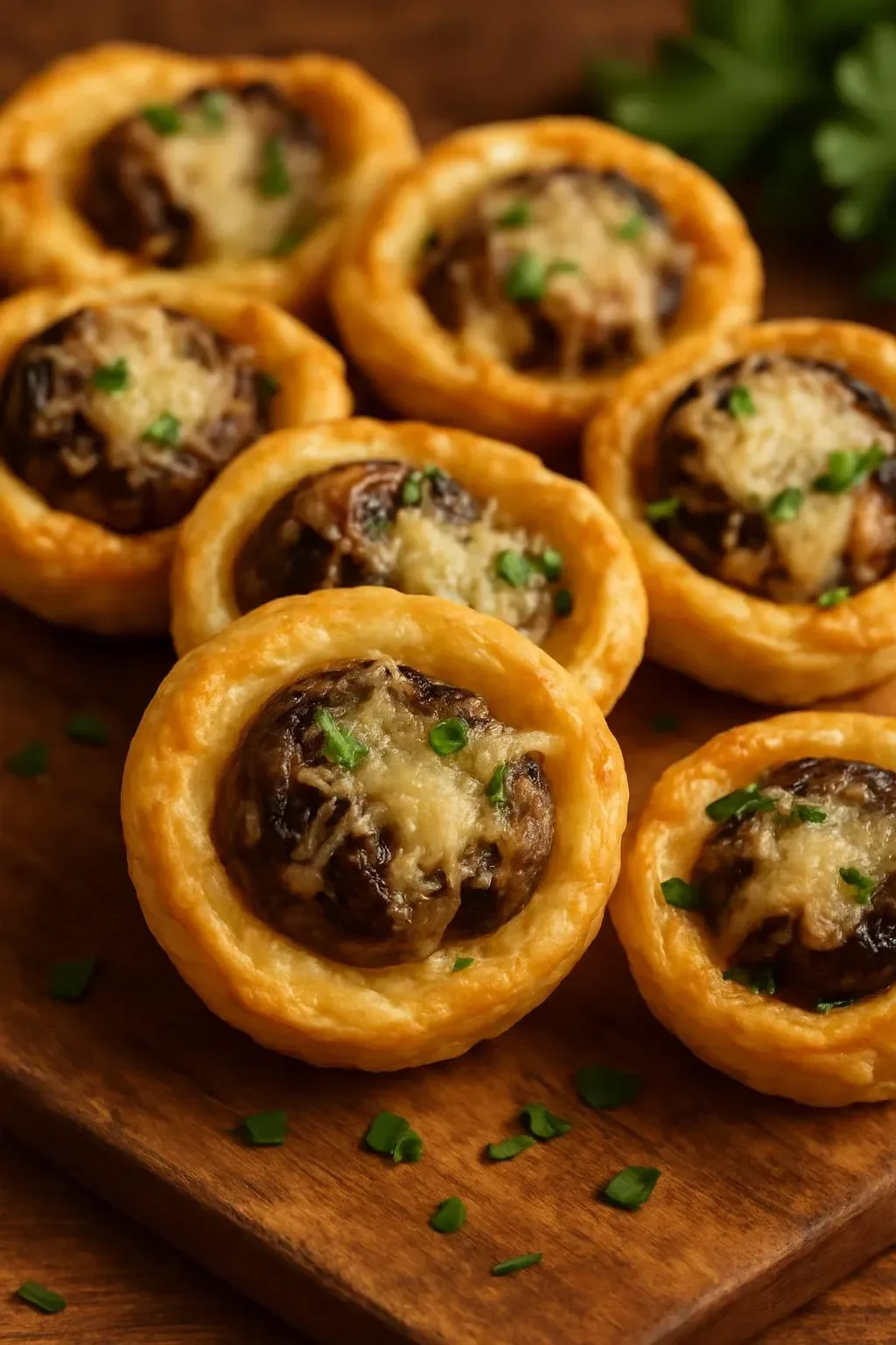 Delicious mushroom puff pastry bites served on a plate