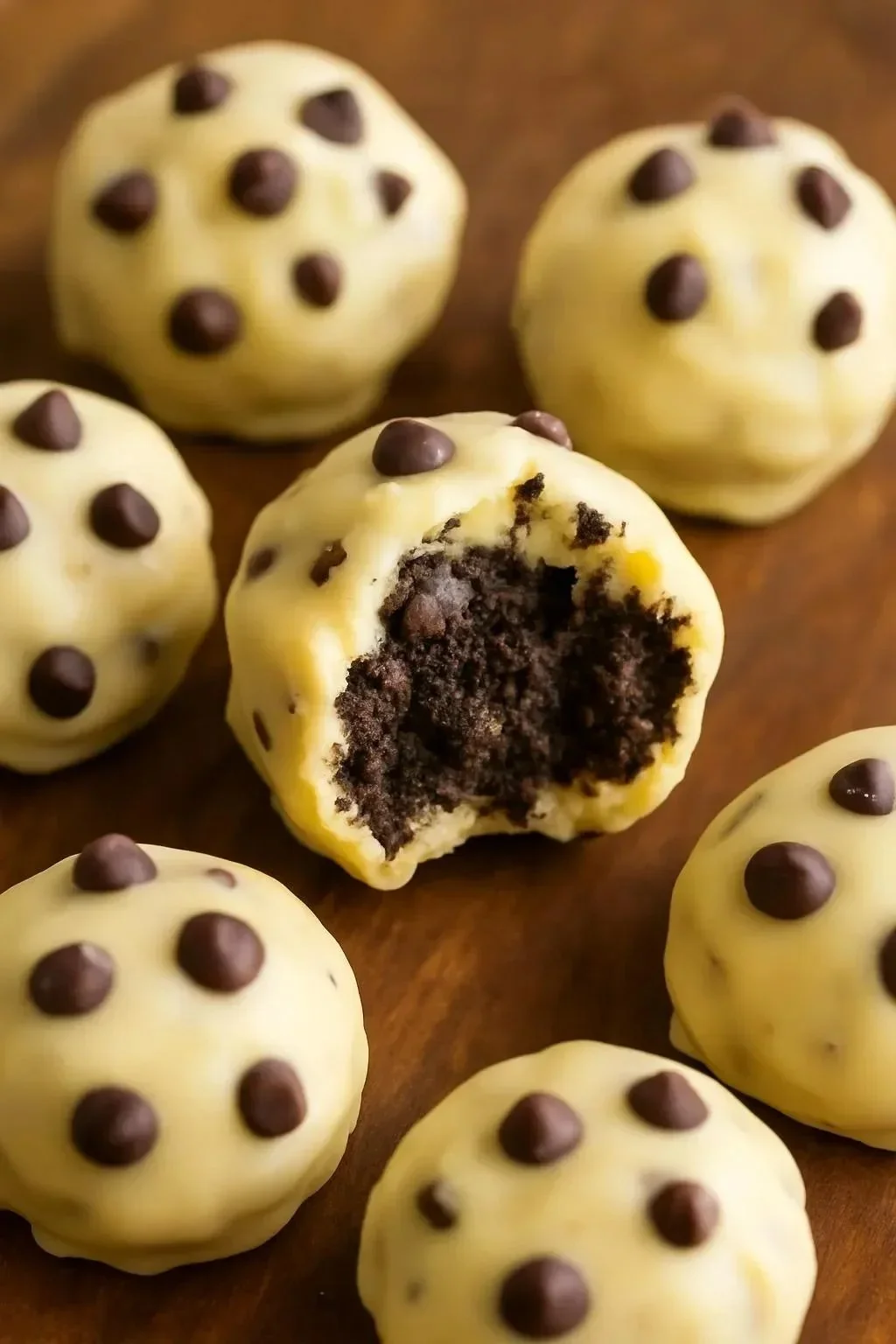 No-bake chocolate chip cookie dough brownie bombs on a plate
