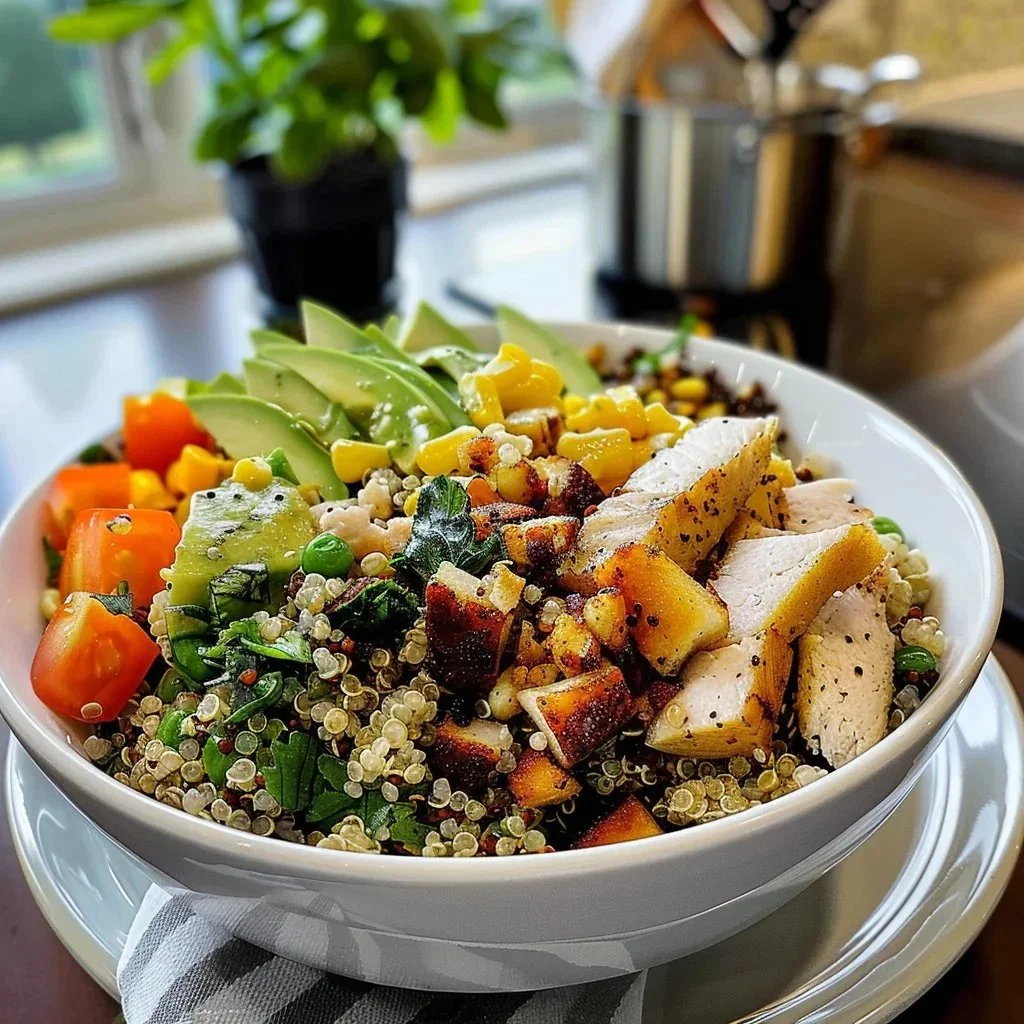 A colorful and healthy quinoa bowl topped with fresh vegetables and herbs