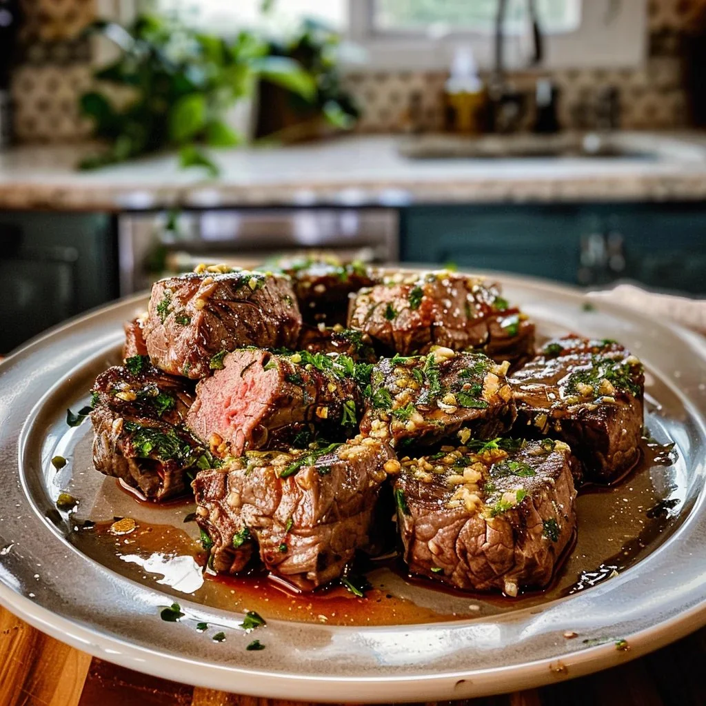 Delicious steak bites in garlic butter served on a plate
