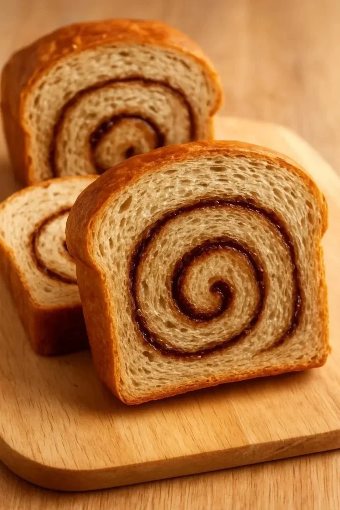 Loaf of vegan cinnamon swirl bread, fresh out of the oven, with cinnamon topping.