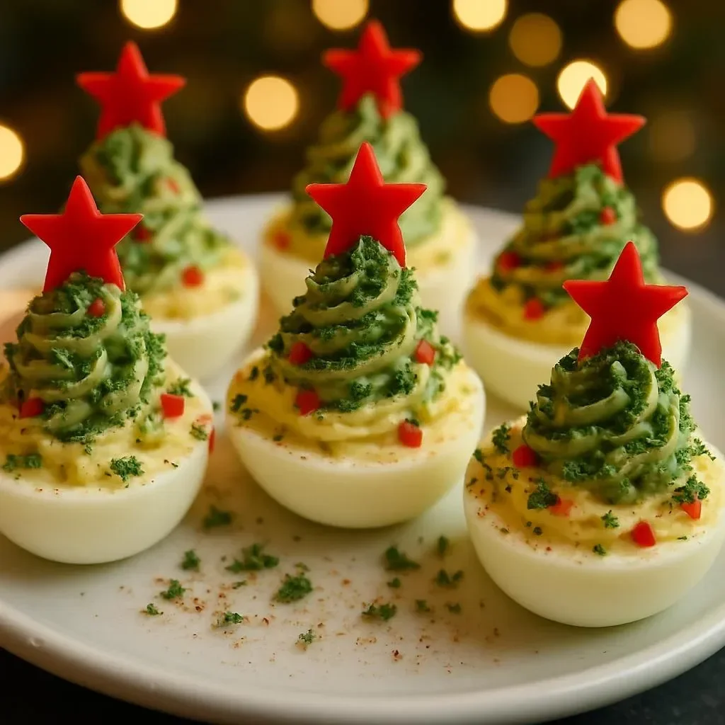 Festive deviled egg Christmas trees decorated for holiday celebrations
