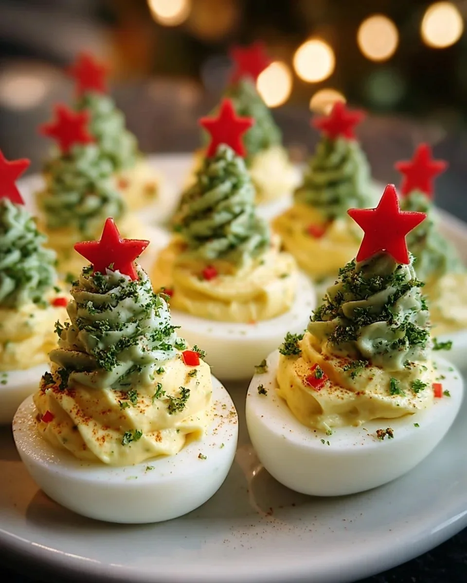 Festive deviled egg Christmas trees arranged on a serving platter.
