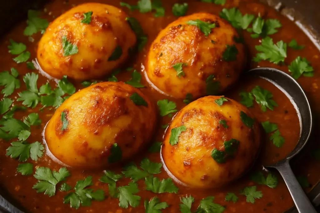 Dhaba Style Masala Egg Curry served with rice and garnished with cilantro