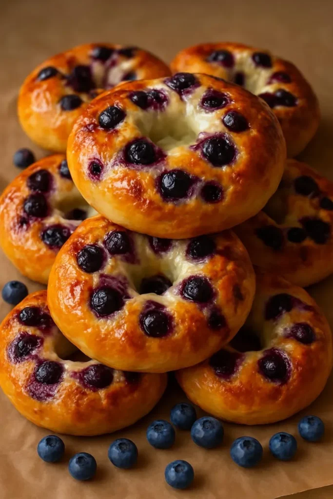 Easy 4 ingredient blueberry bagels fresh out of the oven.
