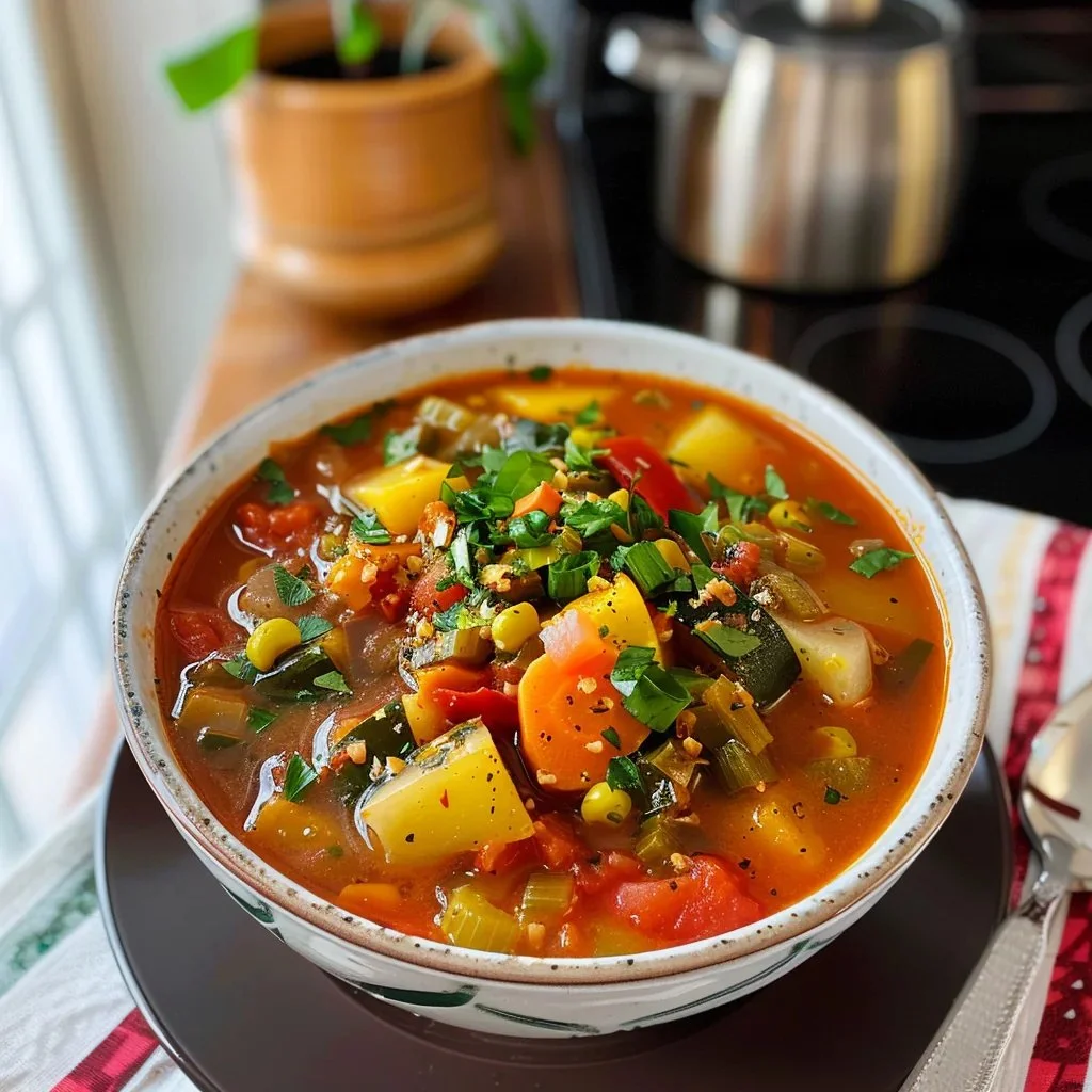 Bowl of easy veggie soup with fresh vegetables and herbs