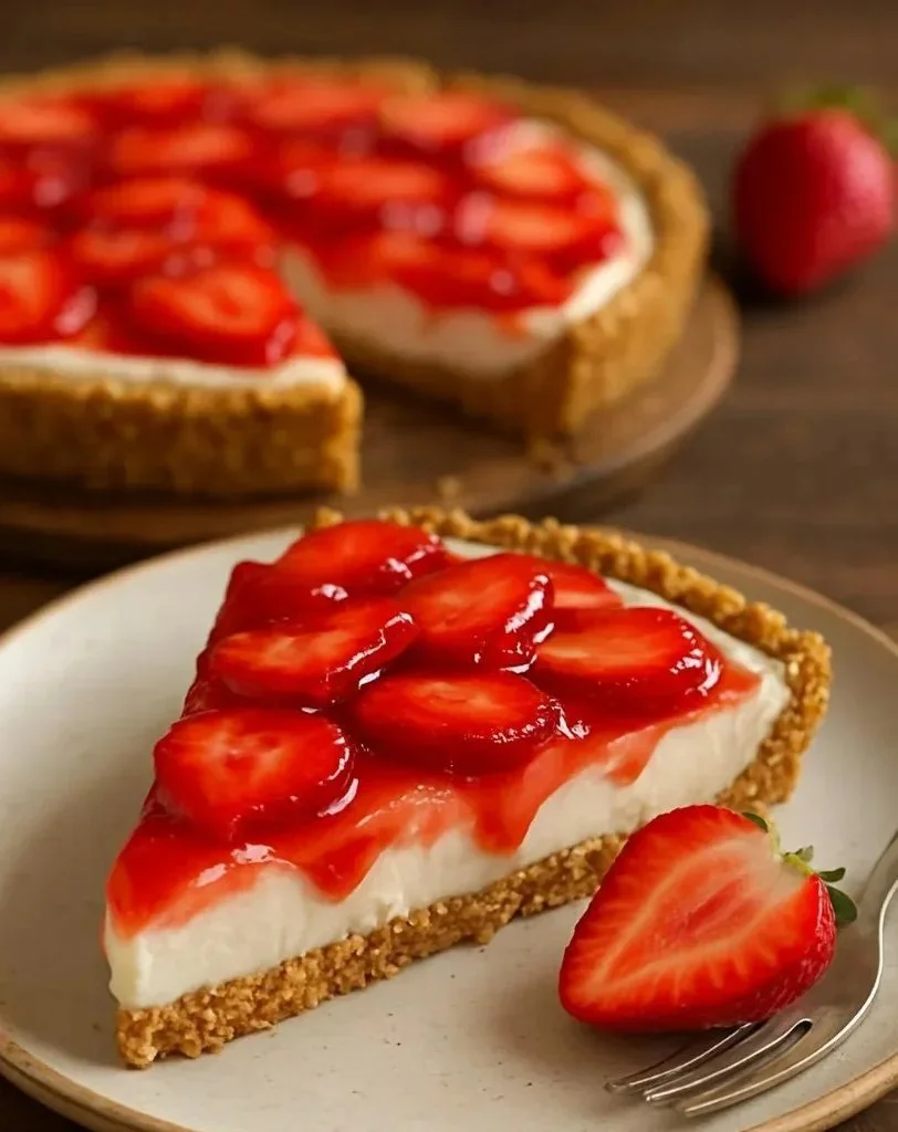 Delicious cream cheese strawberry pizza topped with fresh strawberries and a creamy layer.