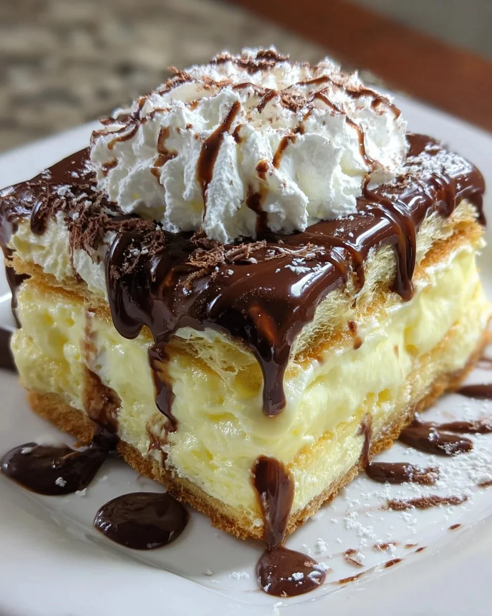Delicious easy Eclair Cake dessert with chocolate topping and cream filling