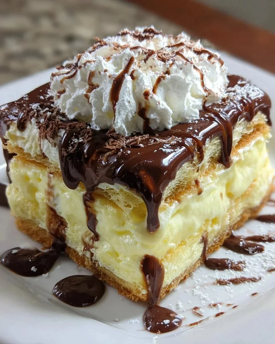 Delicious homemade easy Eclair Cake dessert with creamy layers and chocolate topping