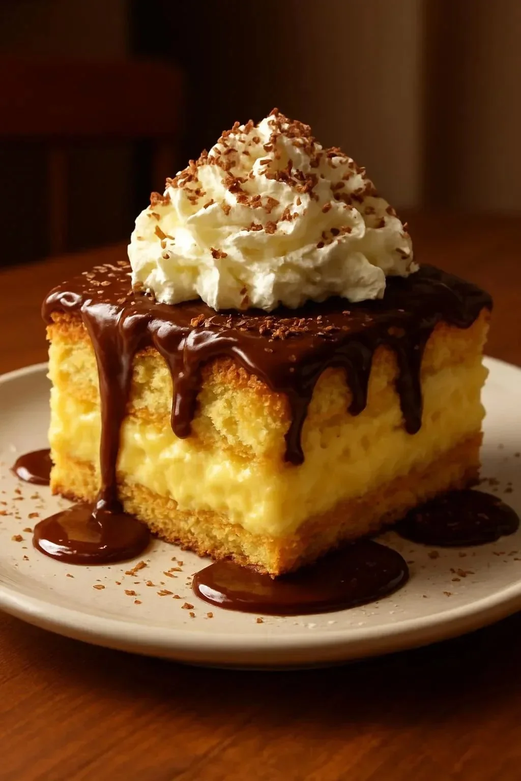 Delicious easy eclair cake dessert with layers of cream and chocolate.