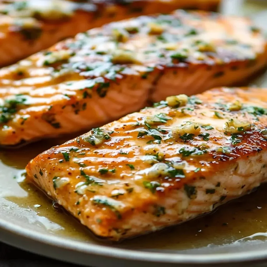 Pan-seared garlic butter salmon garnished with herbs