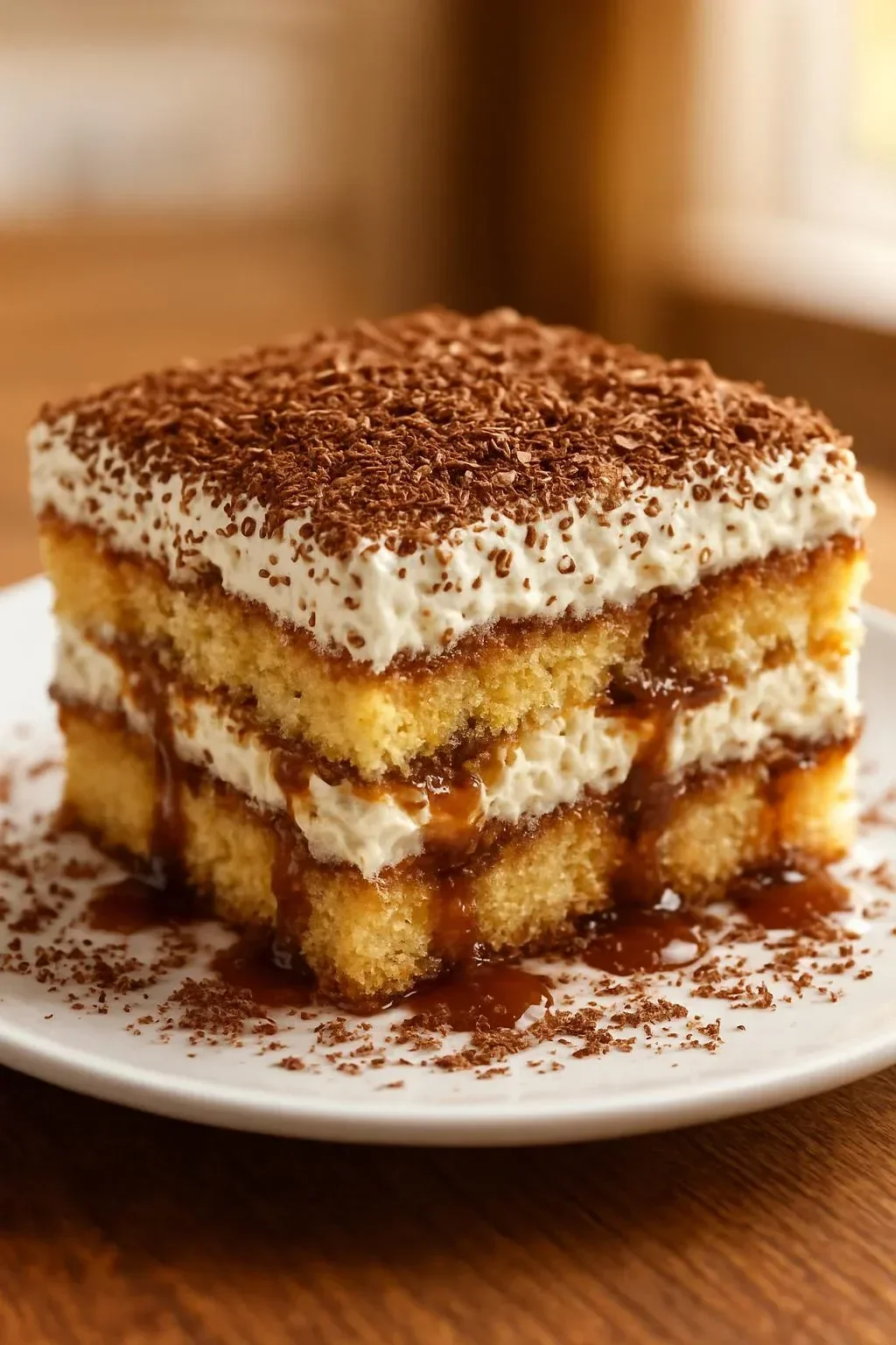 Delicious easy pound cake tiramisu served in a glass dish.