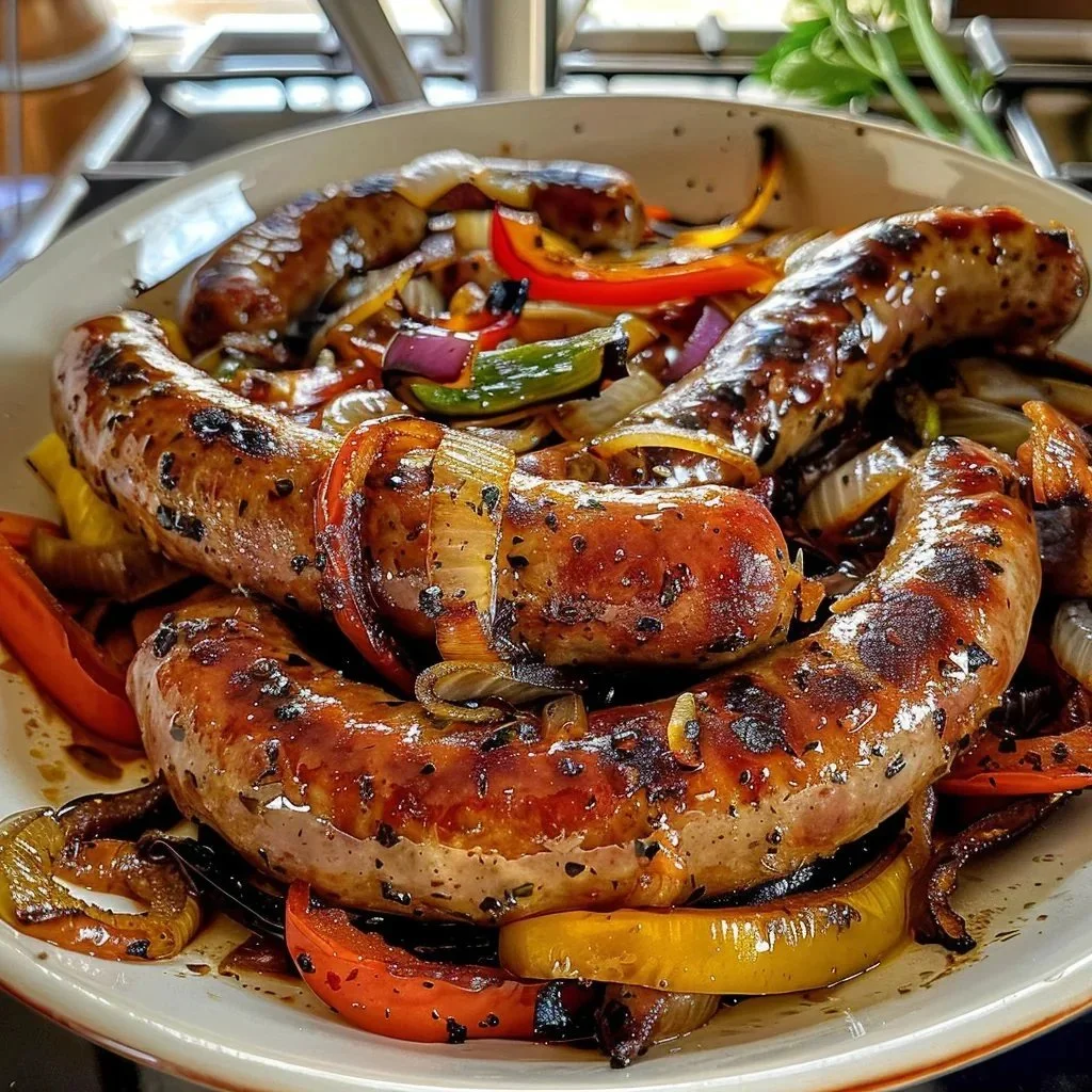 Delicious plate of easy sausage peppers and onions with vibrant vegetables.