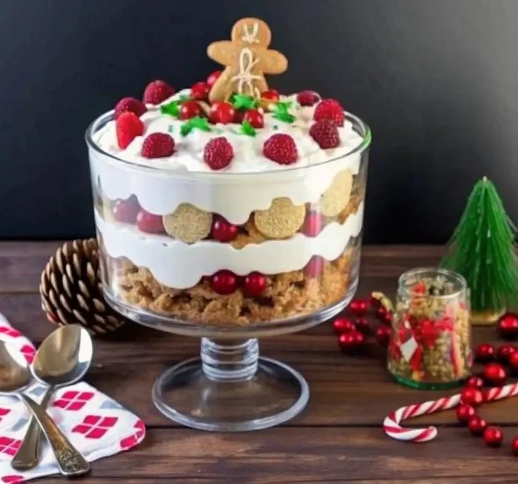 Delicious Egg Nog Trifle dessert in a glass, layered with creamy egg nog and spiced cake.