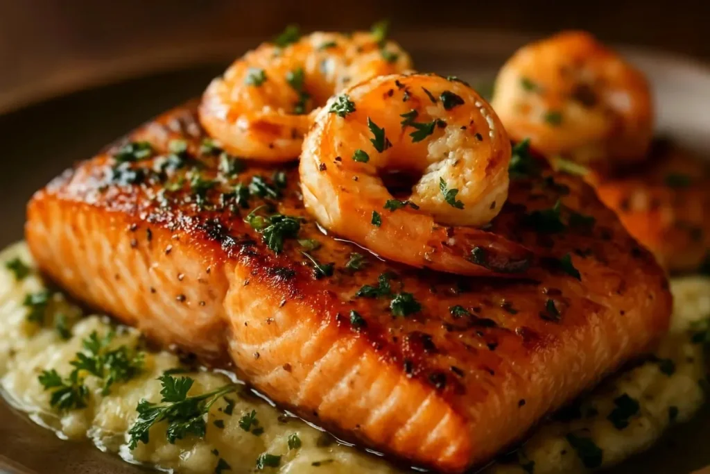 Elegant crab shrimp stuffed salmon dish garnished with herbs