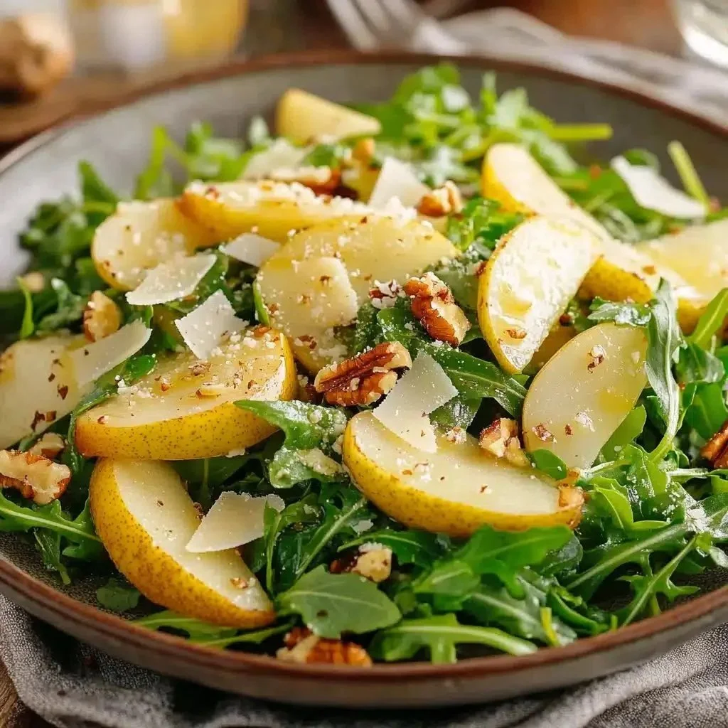 Elegant pear and rocket salad with Parmesan cheese and walnuts.