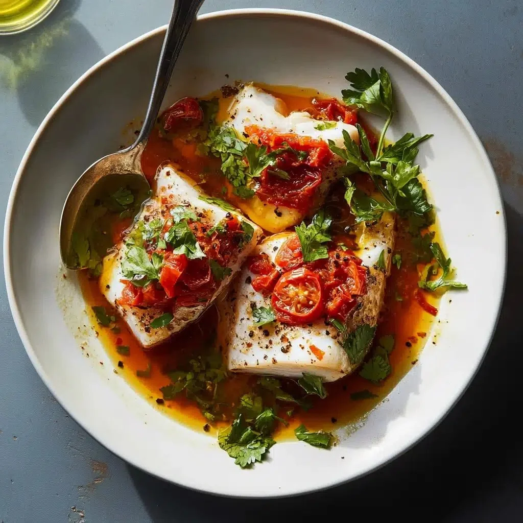 Elegant tomato-poached fish served with chile oil and herbs for dinner parties.