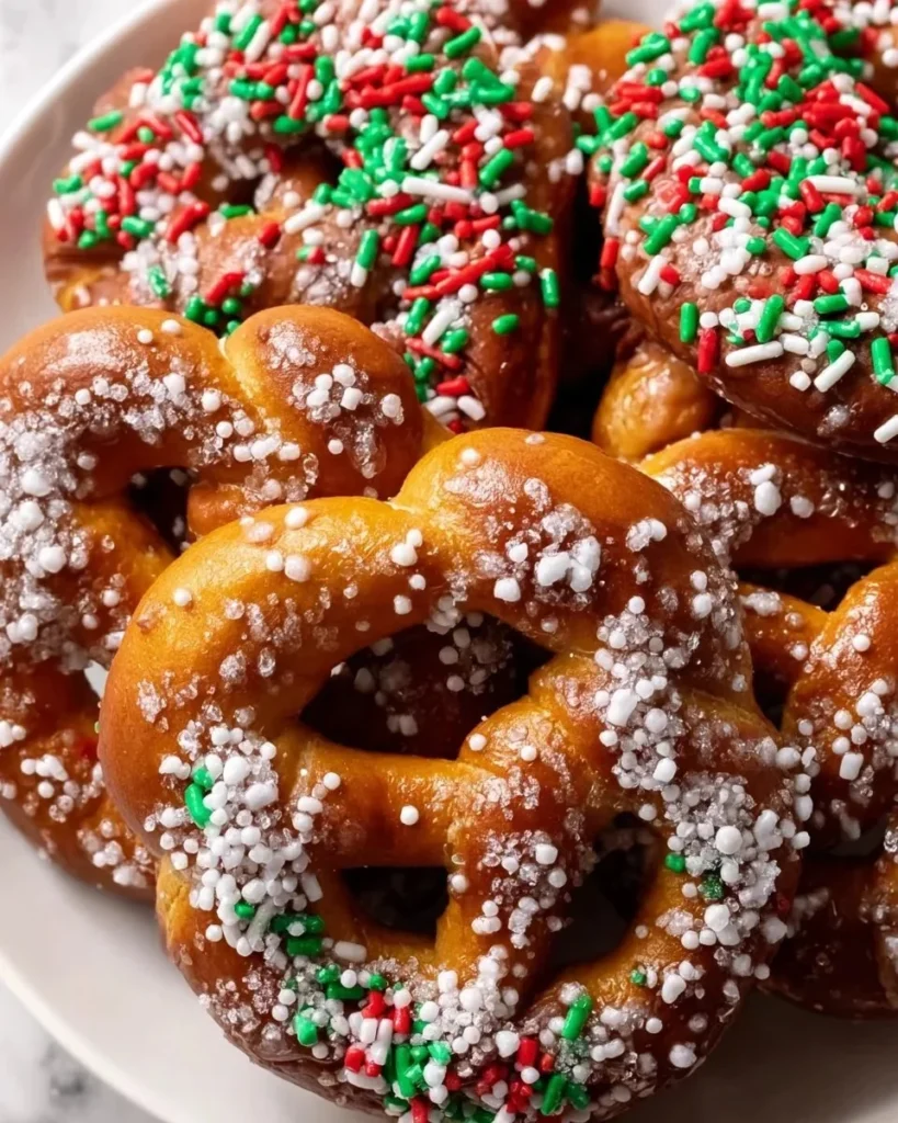 Festive Pretzel Christmas Cookies decorated with chocolate and sprinkles