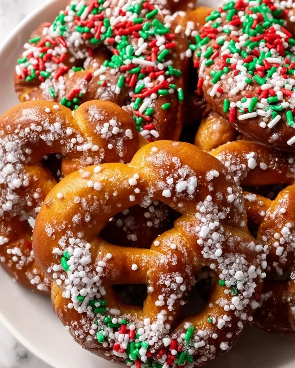 Festive Pretzel Christmas Cookies decorated with chocolate and sprinkles