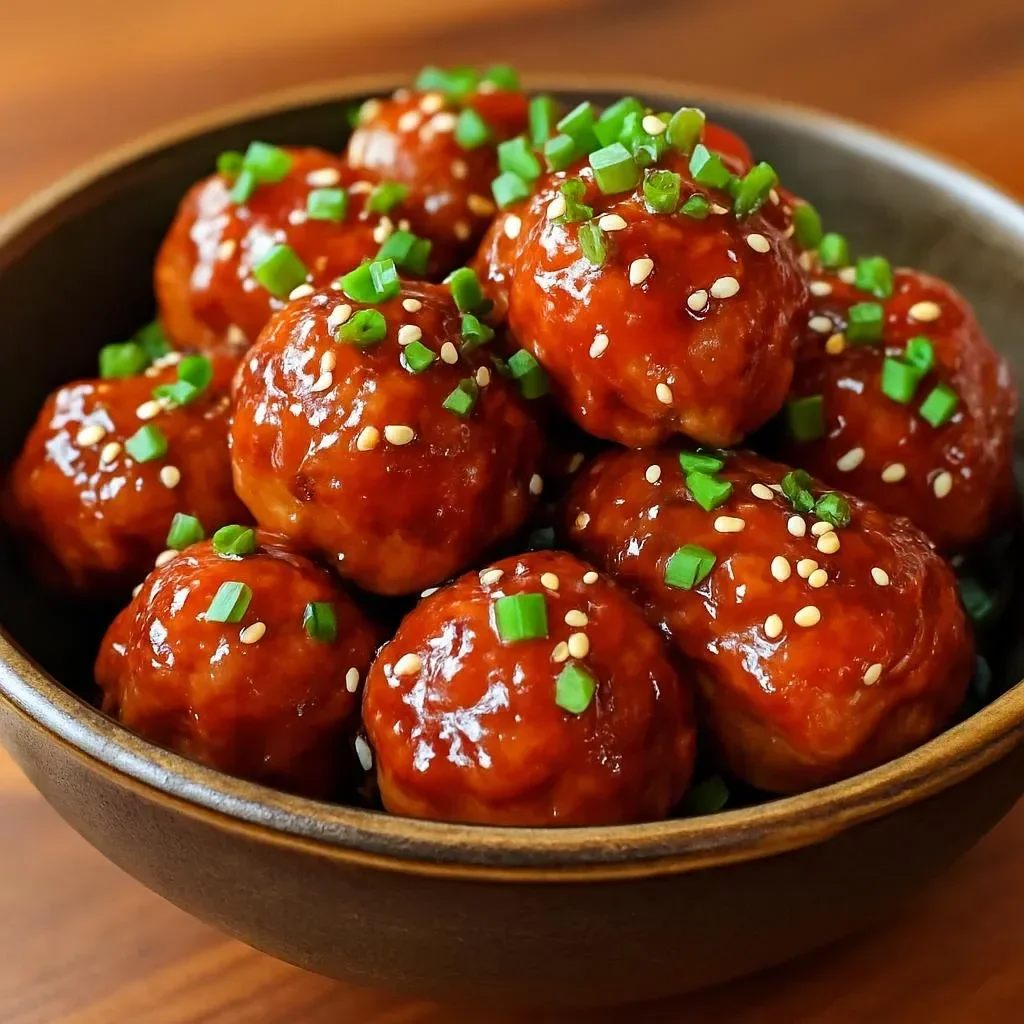 Spicy Firecracker Chicken Meatballs served on a plate with sauce and garnish.