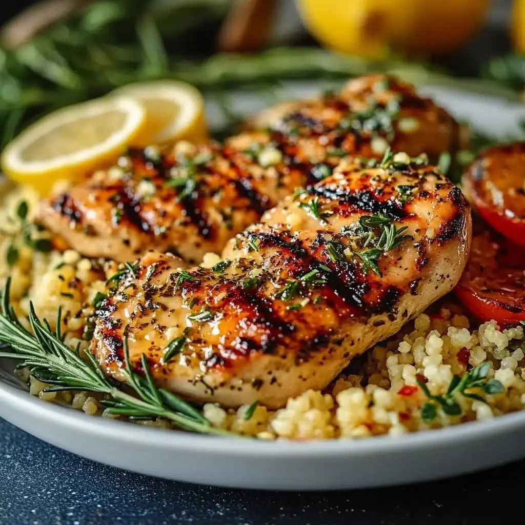 Flavor-packed lemon herb grilled chicken served with couscous on a plate