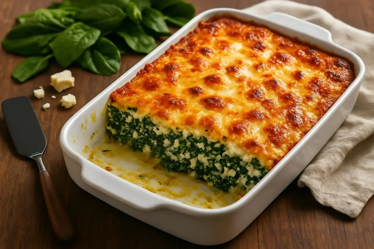 Delicious spinach feta bake served in a dish, topped with fresh herbs.