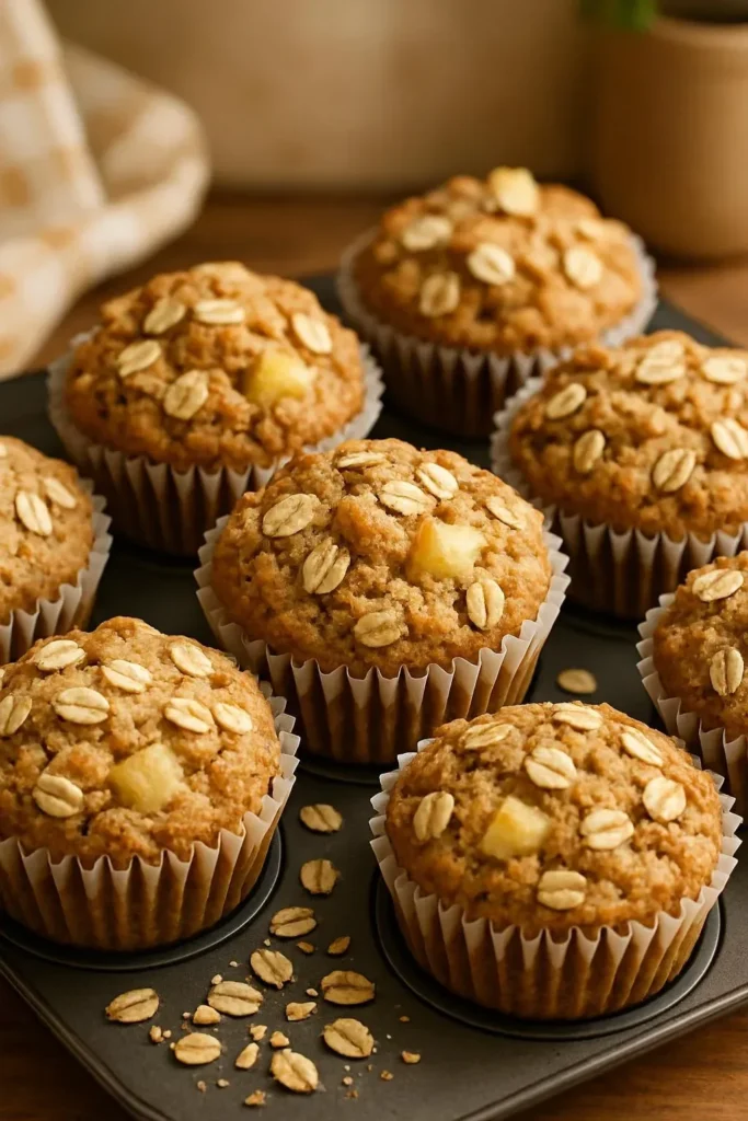Fluffy apple oat muffins with fresh apple pieces and oat topping