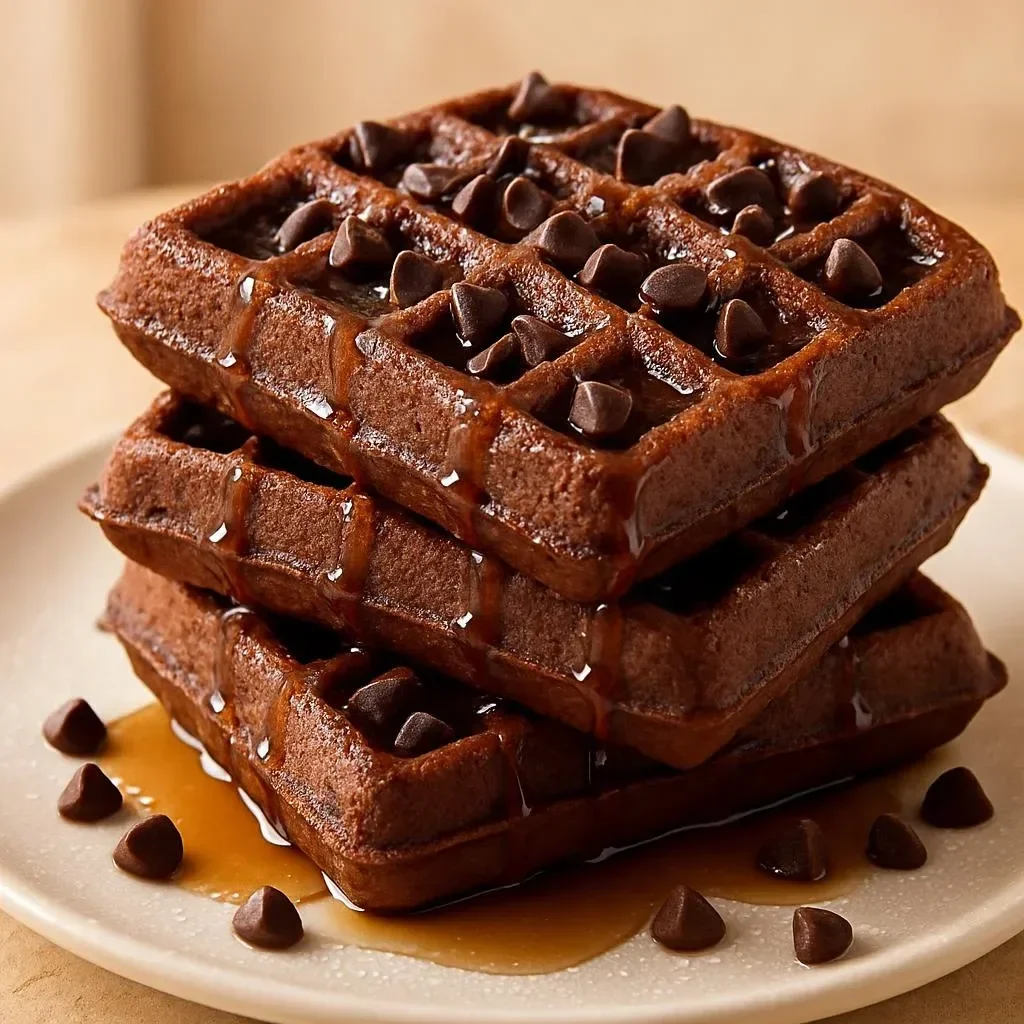 Delicious fudgy brownie waffles topped with chocolate drizzle and whipped cream