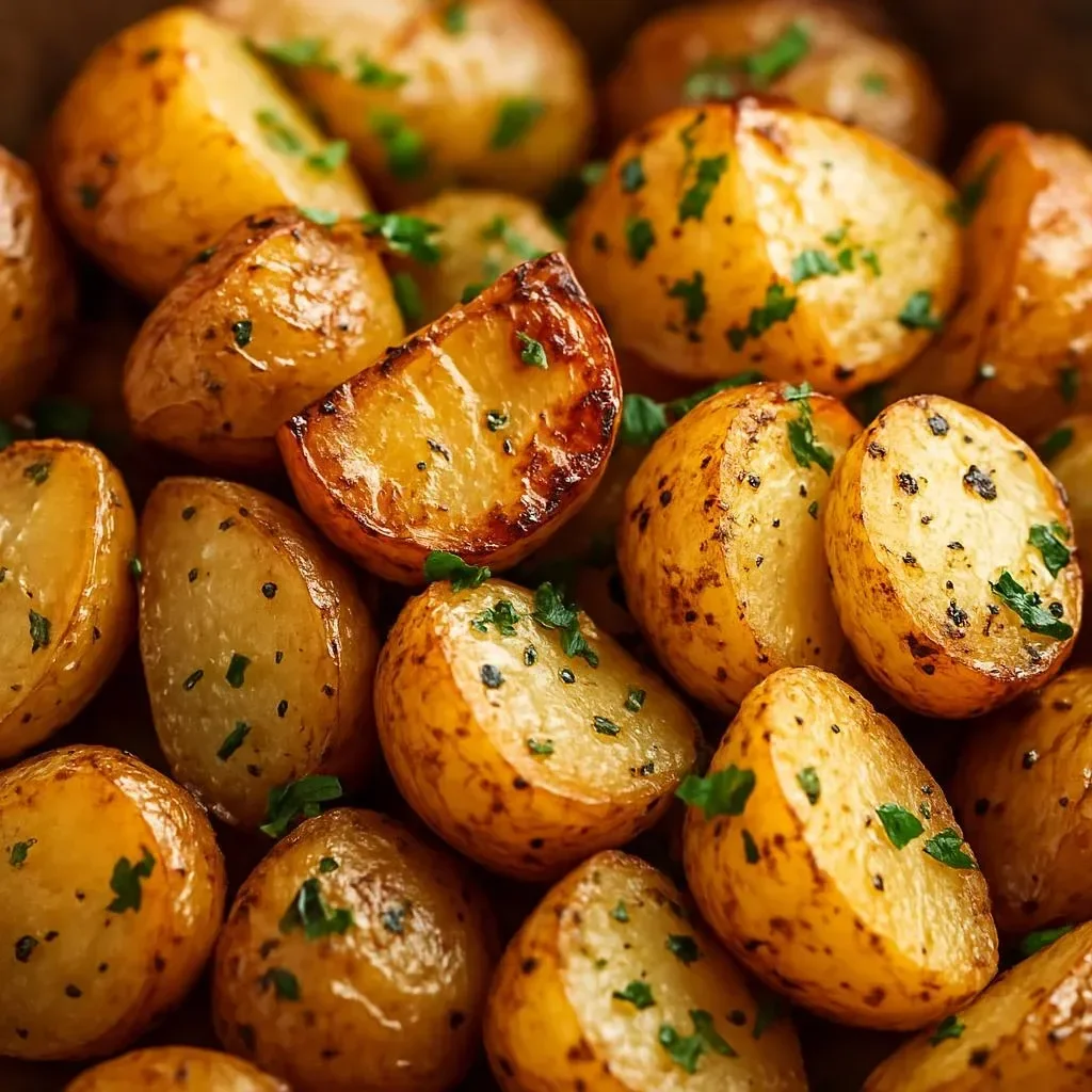 Crispy Garlic Roast Potatoes served in a rustic dish