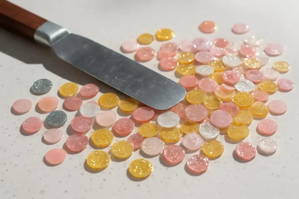 Colorful homemade gelatin sequins for decorating desserts and treats