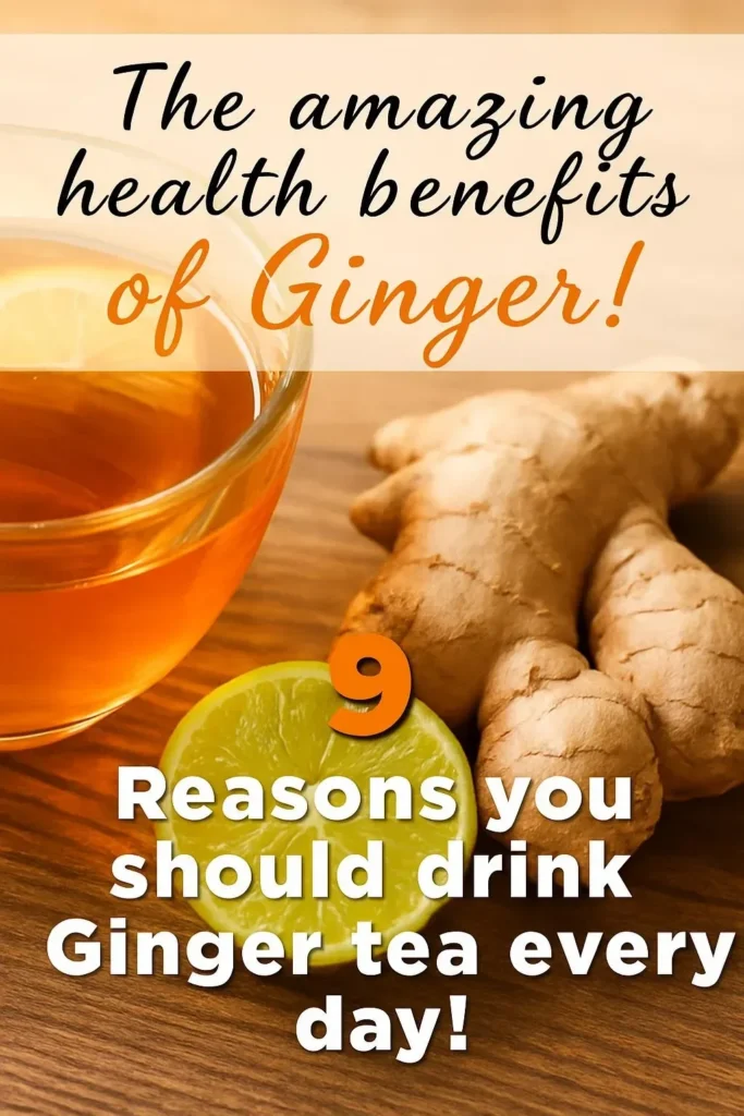 A steaming cup of ginger tea with fresh ginger roots on the side