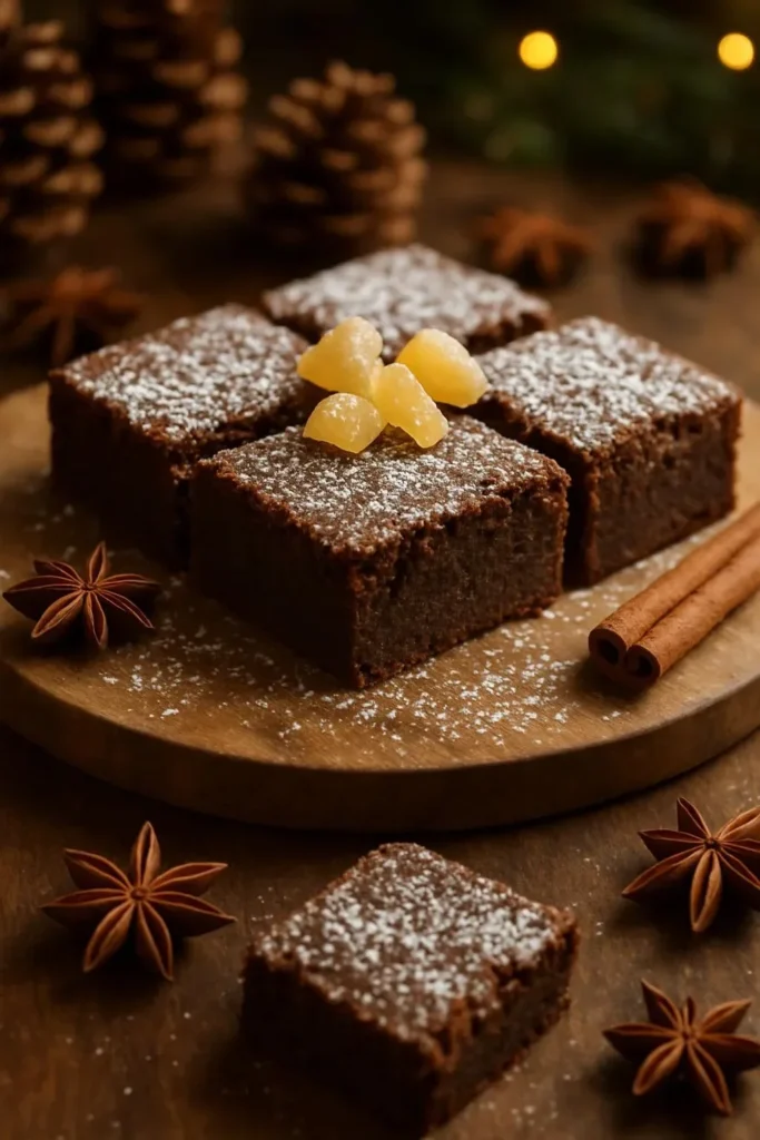 Delicious gingerbread brownies topped with Christmas decorations.