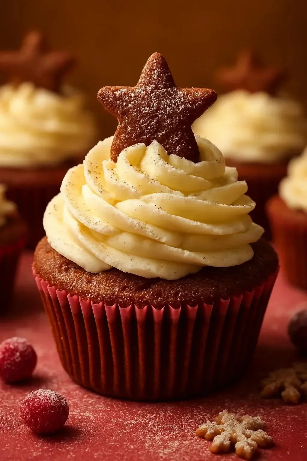 Gingerbread cupcakes with cream cheese frosting on a festive plate