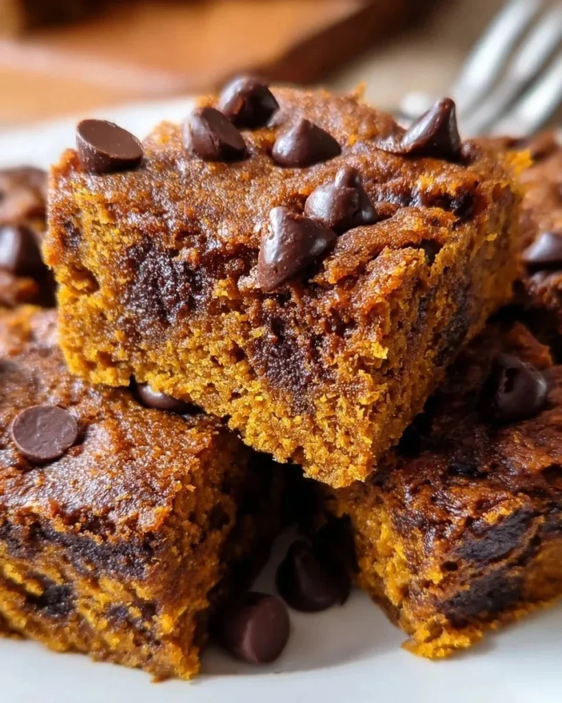 Delicious Gingerbread Pumpkin Chocolate Chip Bars on a festive plate.